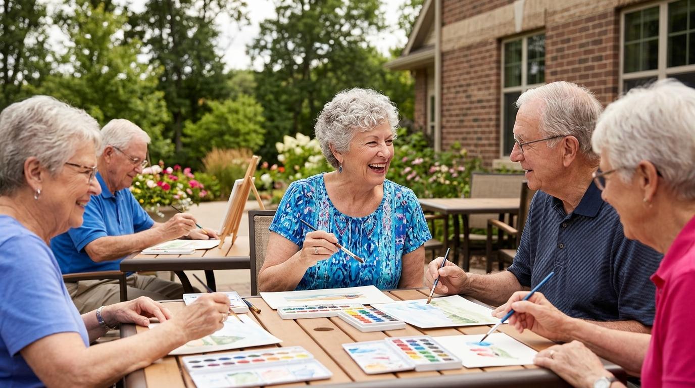Smiling seniors enjoying activities together in a vibrant retirement community setting.