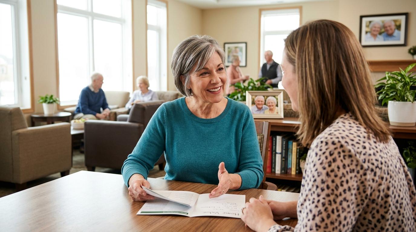 Smiling older adult reviewing home equity documents at a bright kitchen table, representing financial planning for senior living.