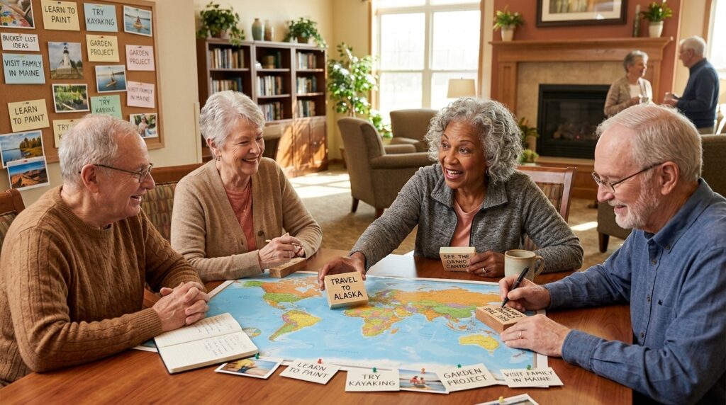 Smiling seniors seated together, thoughtfully composing a travel bucket list journal.