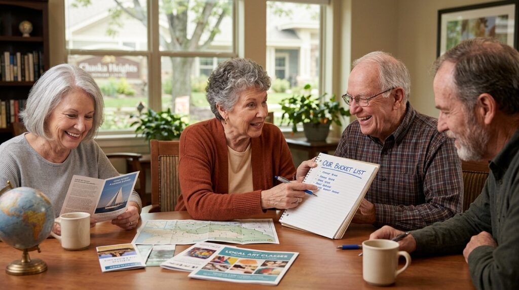 Smiling seniors writing their bucket list in their 70s and beyond.