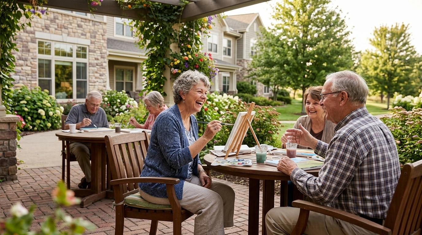 Smiling older adults sit at an outdoor table, laughing while they paint.