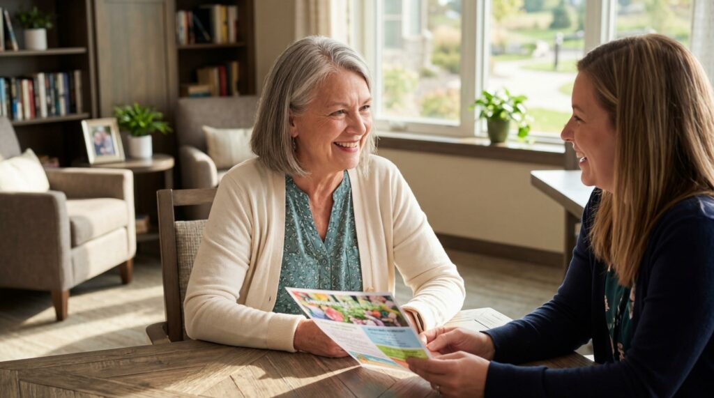 An older adult smiles at a younger adult holding a one-page document in a sunlit room.